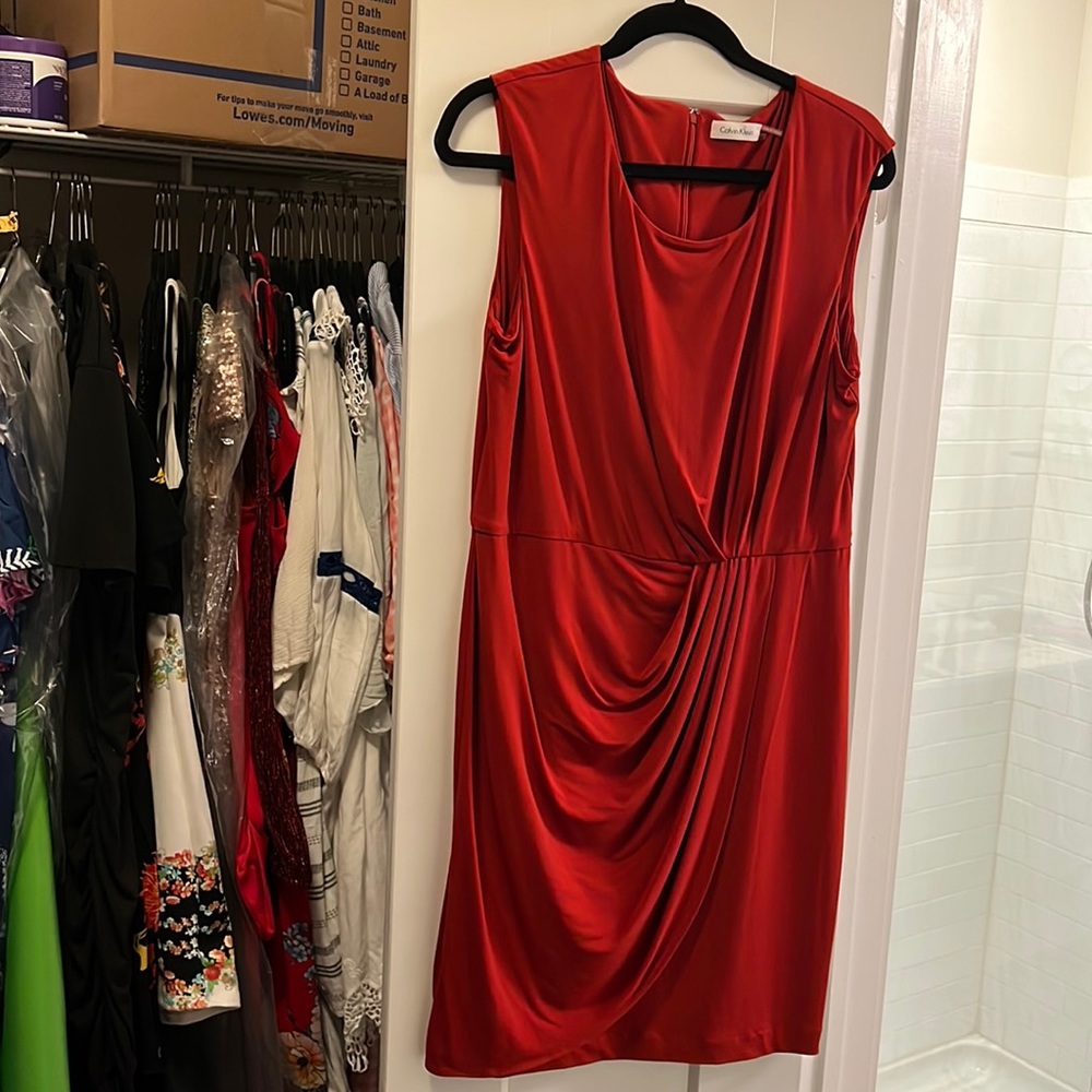 Burnt orange Calvin Klein pleated tulip hem sleeveless dress work office